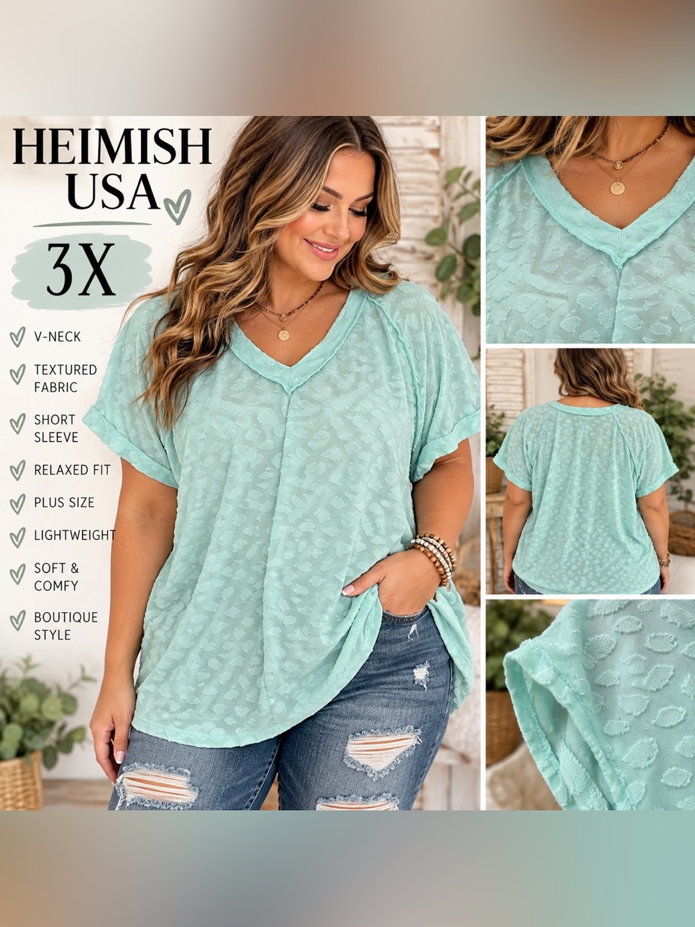 Heimish USA 3X Mint Textured V-Neck Short Sleeve Plus Size Top